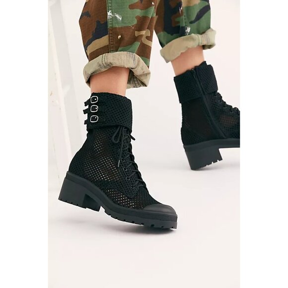 Free People X Jeffrey Campbell Ricki Hiker Boot Black Mesh Block Heel Size 8 - Picture 1 of 16